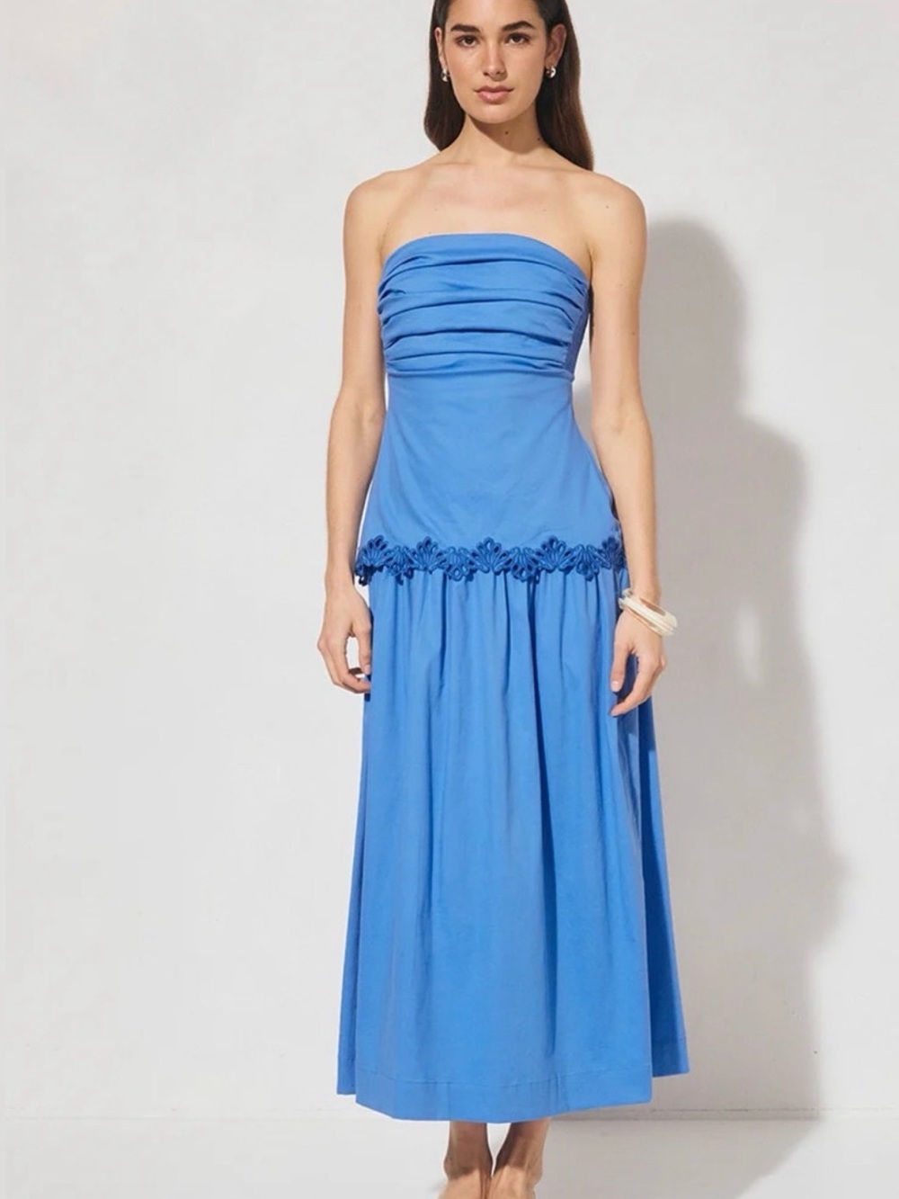 Mon Renn Fran Dress Strapless Blue Maxi Dress with Floral Waist Trim Sz L NWT